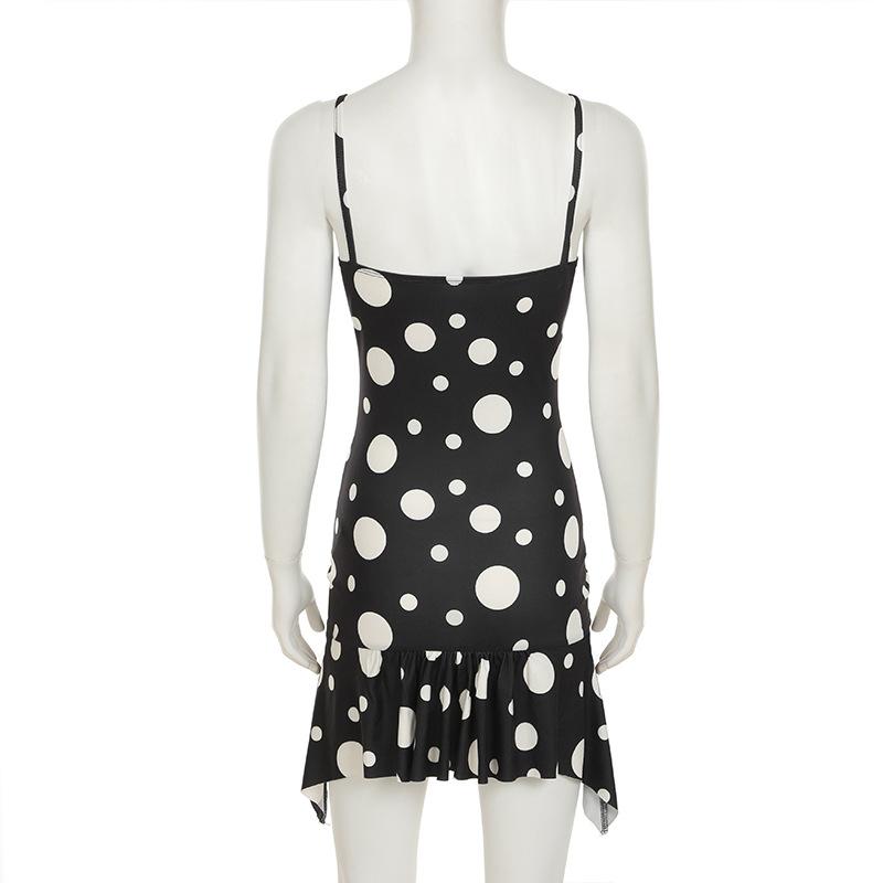 U neck polka dot ruffle cami mini dress