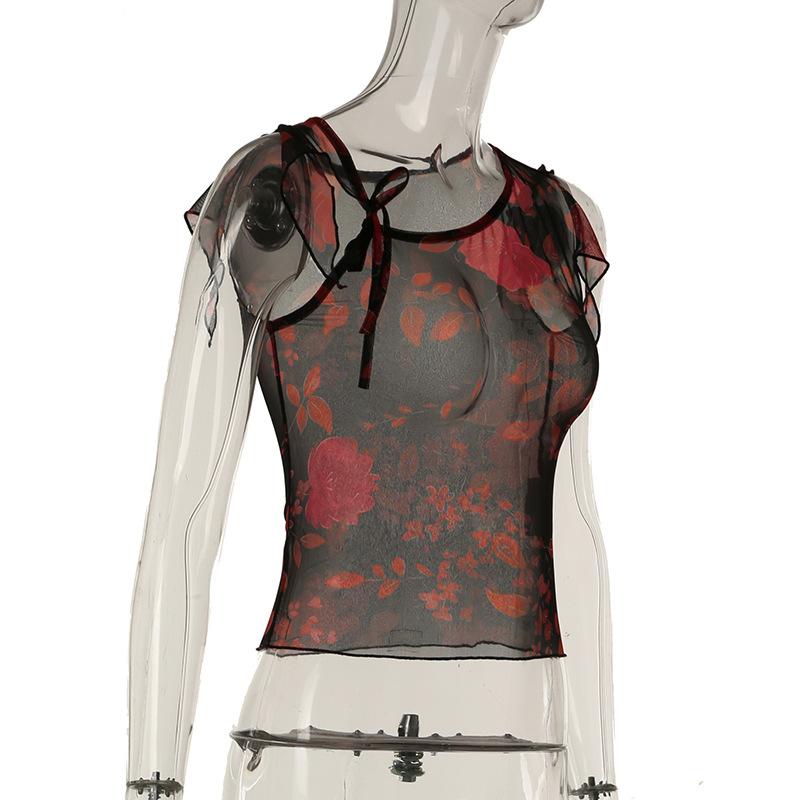 Irregular sheer mesh print ruffle top