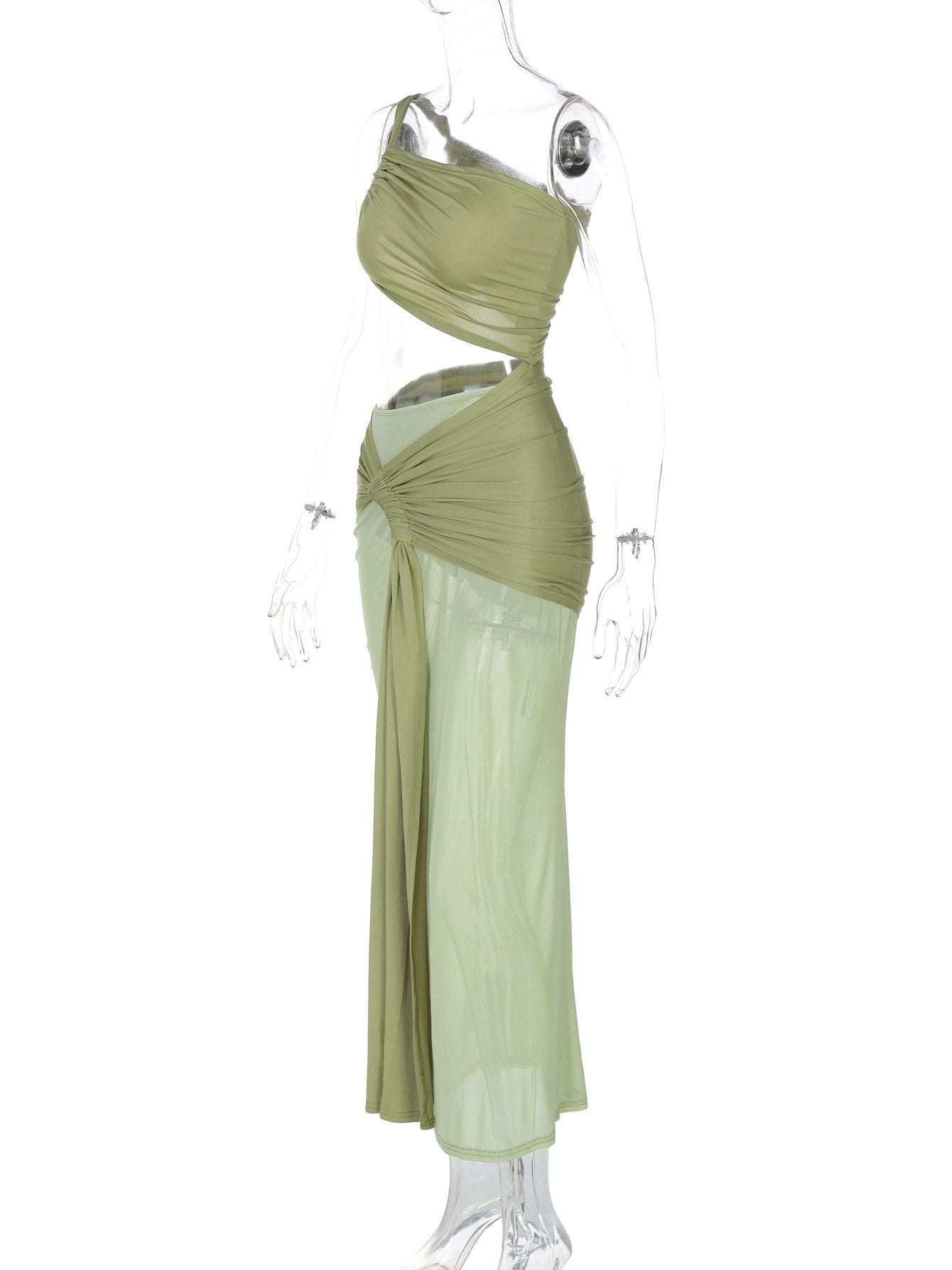 One shoulder ruched hollow out mesh maxi dress