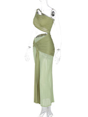 One shoulder ruched hollow out mesh maxi dress