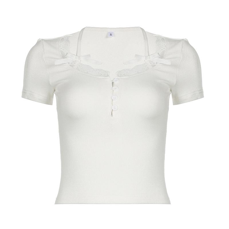 Short sleeve lace hem ribbed bowknot button crop top