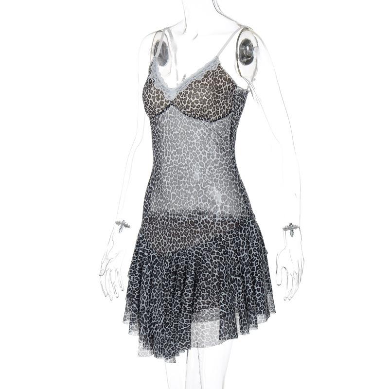 Leopard print lace hem mesh v neck cami mini dress