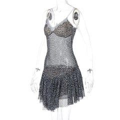 Leopard print lace hem mesh v neck cami mini dress