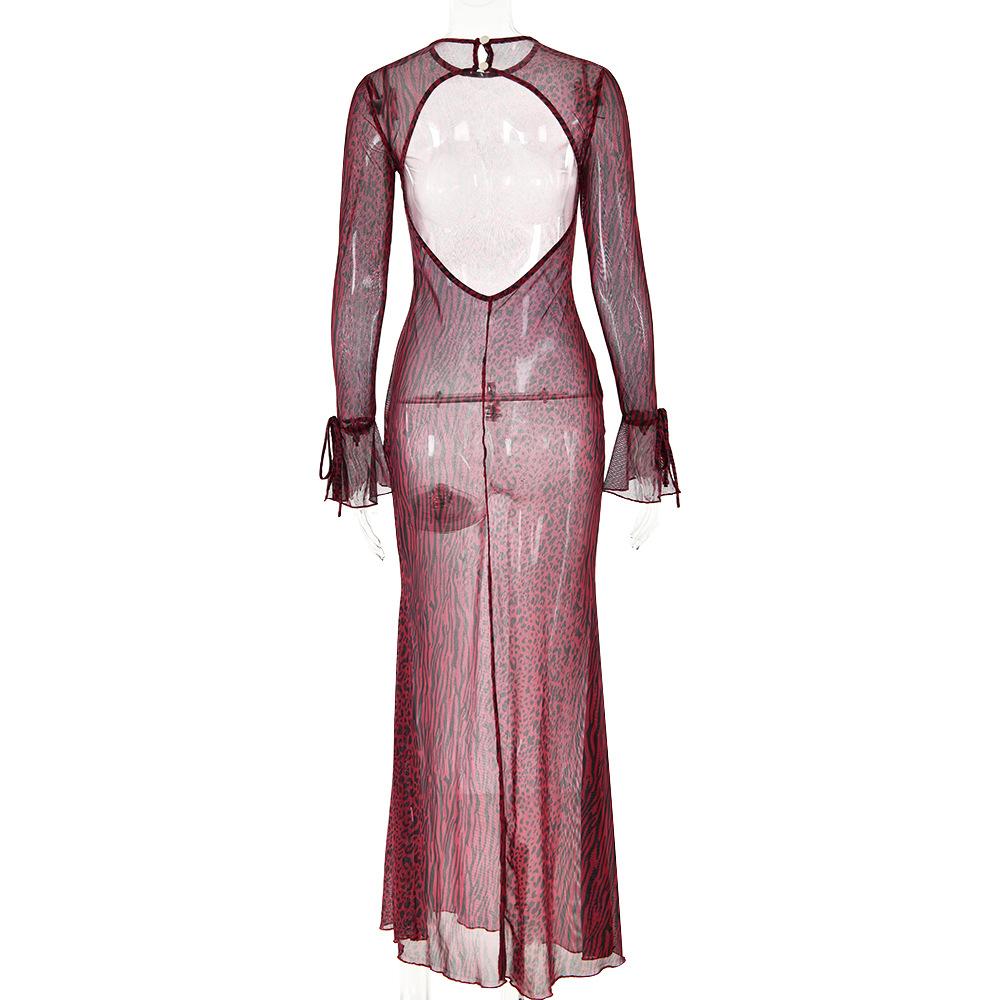 Long flared sleeve tiger print sheer mesh backless maxi dress  | red tango dress  | samba dress