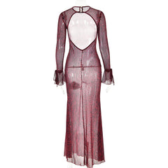 Long flared sleeve tiger print sheer mesh backless maxi dress  | red tango dress  | samba dress