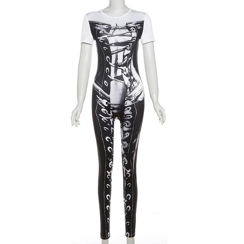 Short sleeve crewneck body print zip-up jumpsuit
