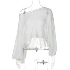 Long puff sleeve knitted one shoulder see through top