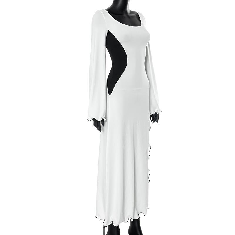 Long flared sleeve u neck slit ruffle maxi dress