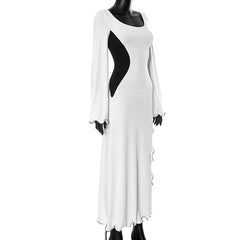Long flared sleeve u neck slit ruffle maxi dress