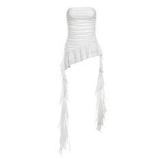 Ruffle mesh ruched irregular solid tube top