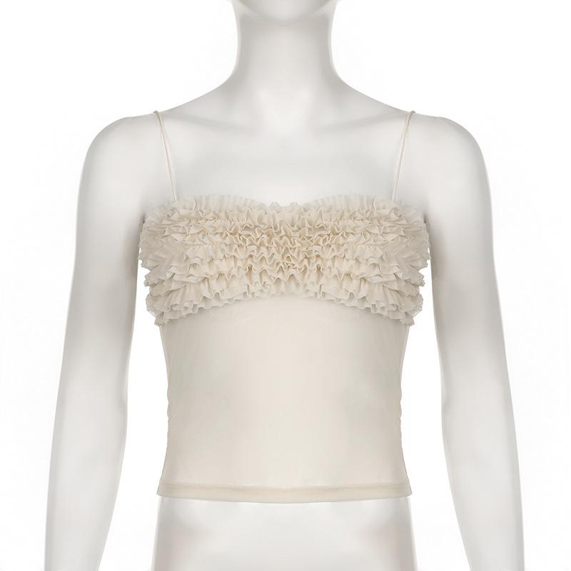 Ruched ruffle sheer mesh cami top