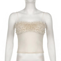 Ruched ruffle sheer mesh cami top