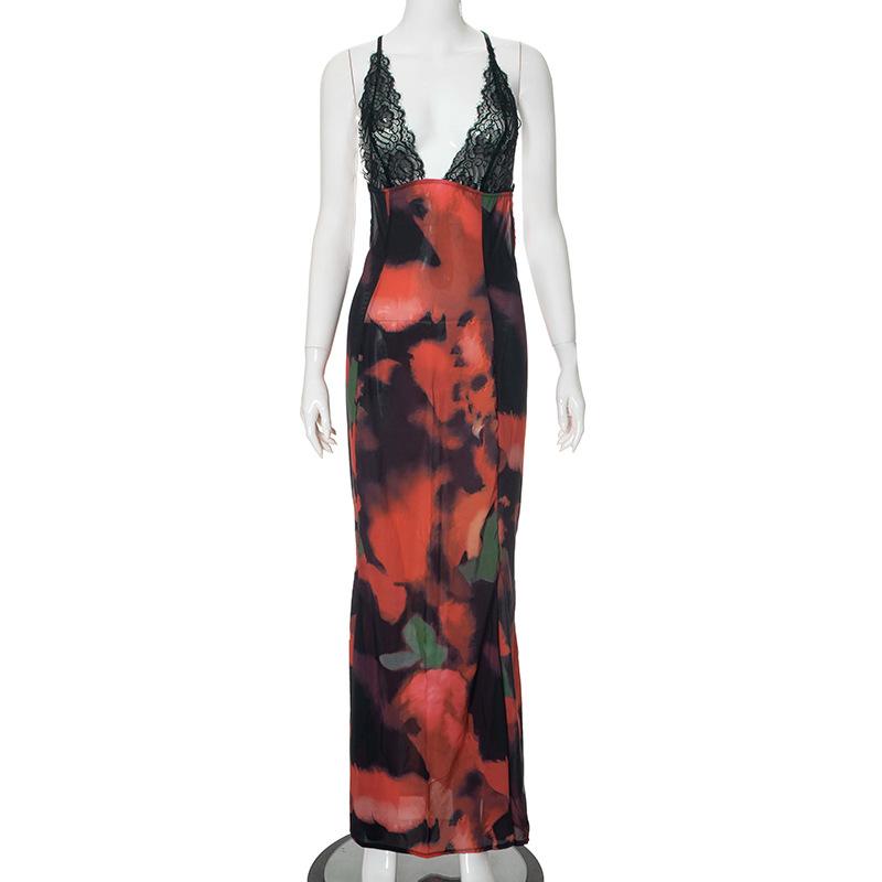 V neck lace hem backless print cami maxi dress  | red tango dress