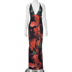 V neck lace hem backless print cami maxi dress  | red tango dress