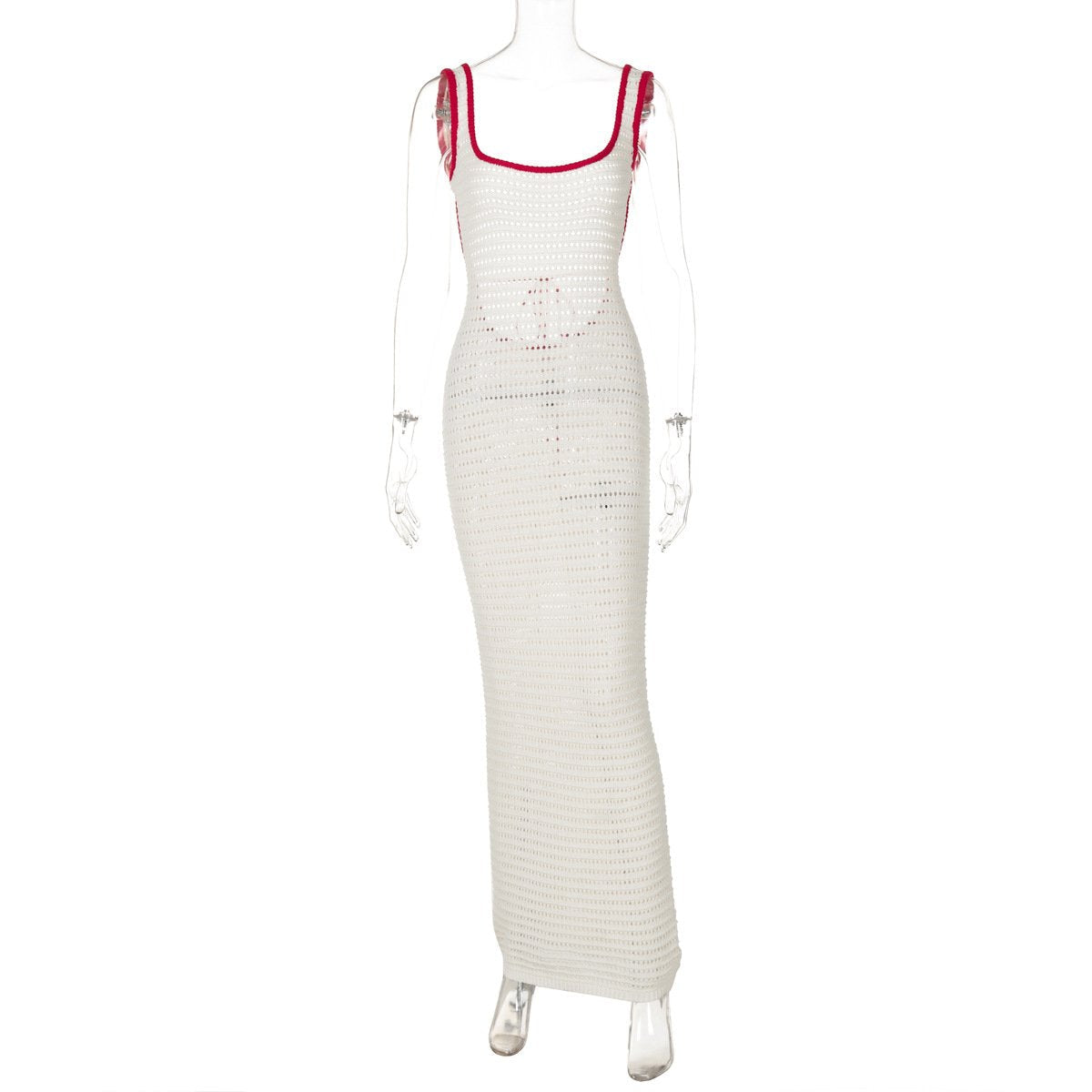 U neck backless knitted self tie cami maxi dress
