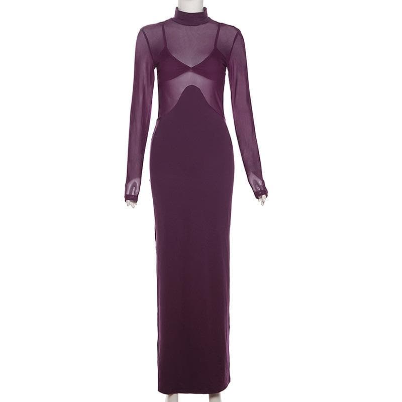 Long sleeve backless high neck patchwork mesh maxi dress