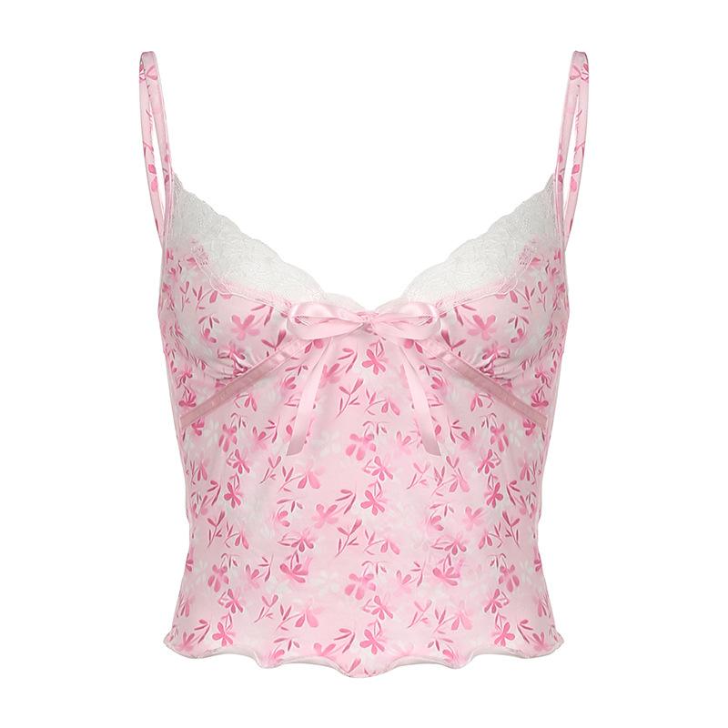 V neck bowknot lace hem ruffle print cami top