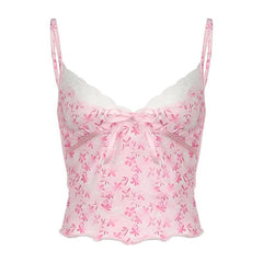 V neck bowknot lace hem ruffle print cami top
