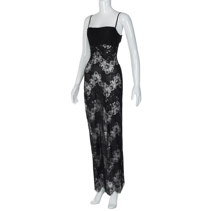 Lace patchwork backless slit cami maxi dress