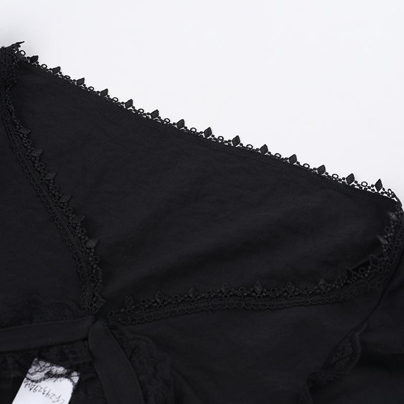 Puff sleeve lace hem button shrug top