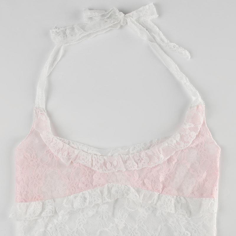 Halter u neck lace hem ruffle top