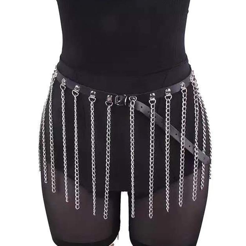 PU leather metal chain tassels belt