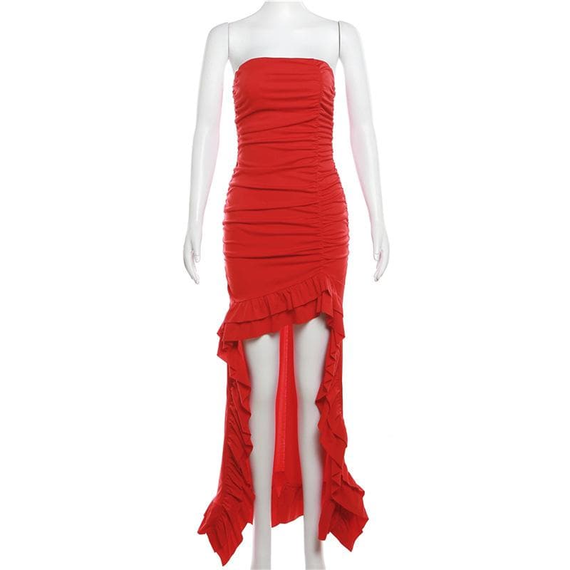 Ruched ruffle solid backless tube maxi dress  | red tango dress
