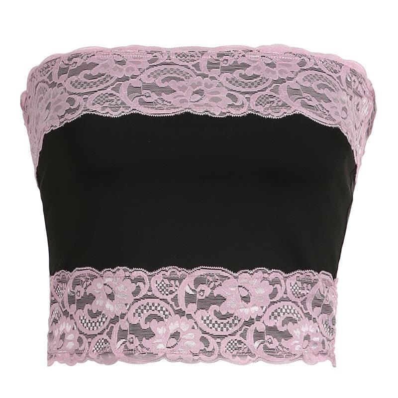 Lace patchwork contrast backless tube top