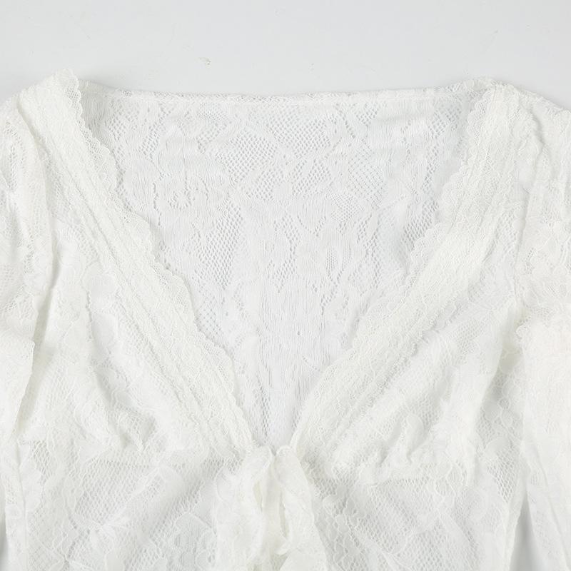 Long sleeve lace ruffle irregular self tie top