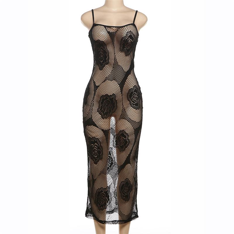 Rose pattern fishnet see through cami midi dress