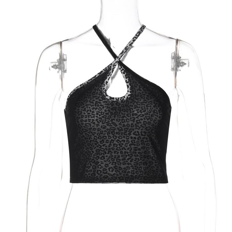 Leopard print cross front hollow out cami top