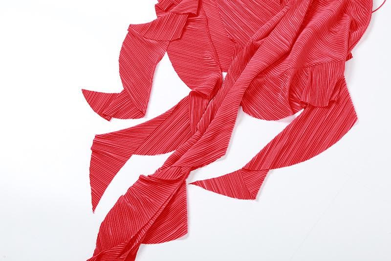 Textured gloves ruffle solid hollow out halter backless mini dress  | red tango dress