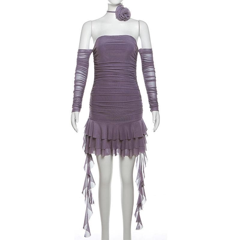 Long sleeve sheer mesh flower applique mini dress  | red tango dress  | samba dress