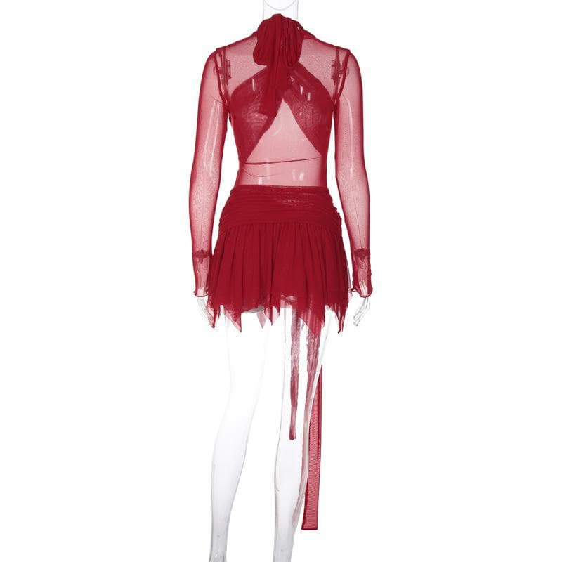 Long sleeve ruffle ruched cross front halter sheer mesh mini dress  | red tango dress  | samba dress  | black rave dress