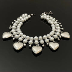Heart pendant layered faux pearl choker necklace
