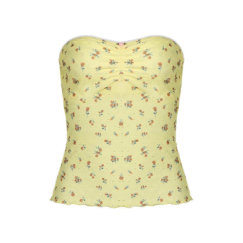 Ruched ruffle print flower applique tube top