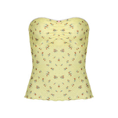 Ruched ruffle print flower applique tube top
