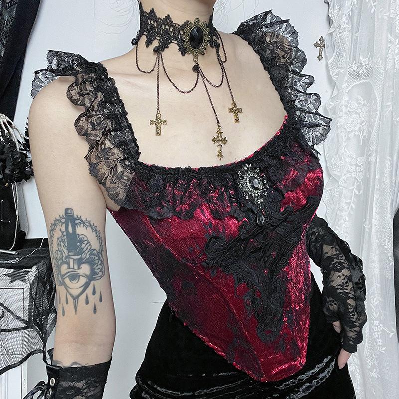Velvet lace hem corset cami top