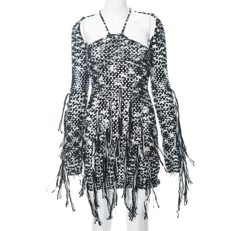 Long sleeve knitted tassels cross back contrast mini dress  | black rave dress