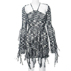 Long sleeve knitted tassels cross back contrast mini dress  | black rave dress