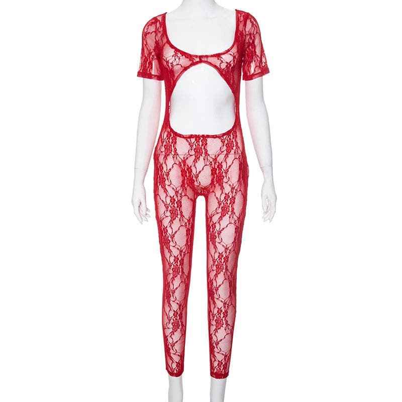 Short sleeve u neck see through lace jumpsuit