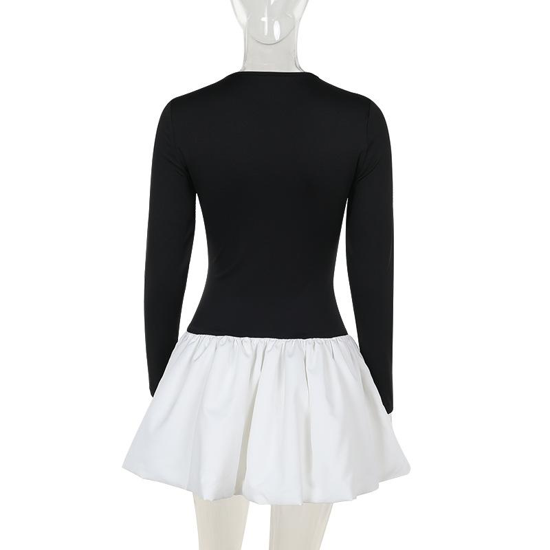 Long sleeve crewneck patchwork mini dress
