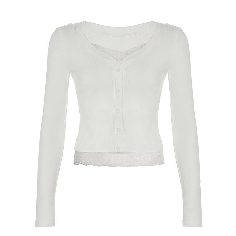 Long sleeve v neck lace hem button top