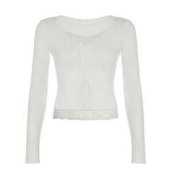 Long sleeve v neck lace hem button top