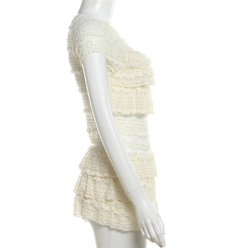 Crewneck ruffle lace ruched cap sleeve pant set