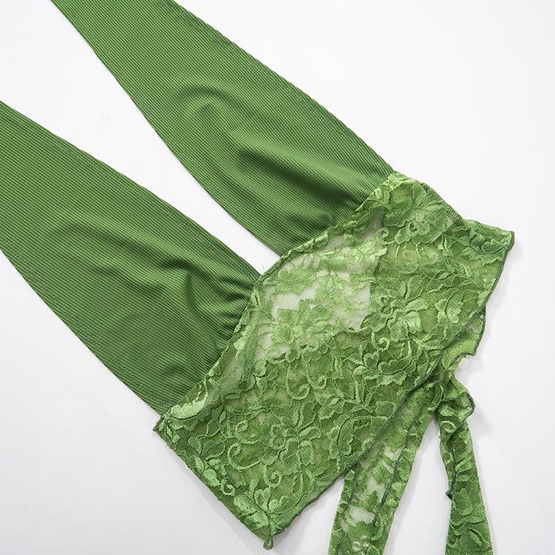 Halter lace hem drawstring ribbed crop pant set