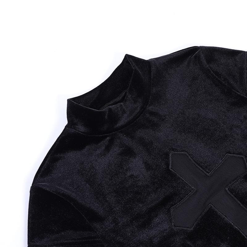 Cap sleeve mesh cross pattern velvet high neck solid top