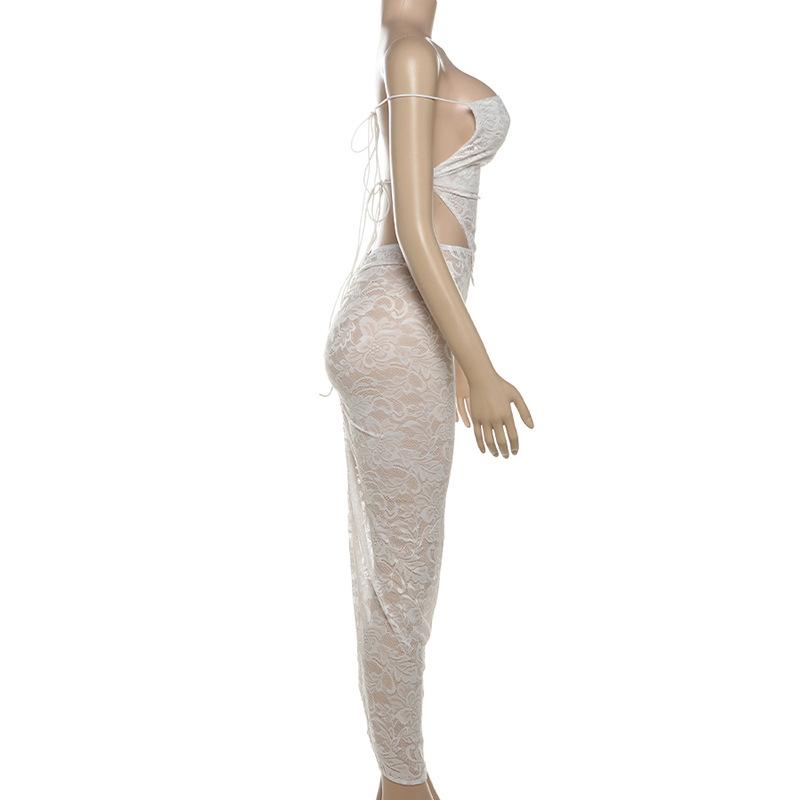 Off shoulder lace self tie backless slit maxi skirt set