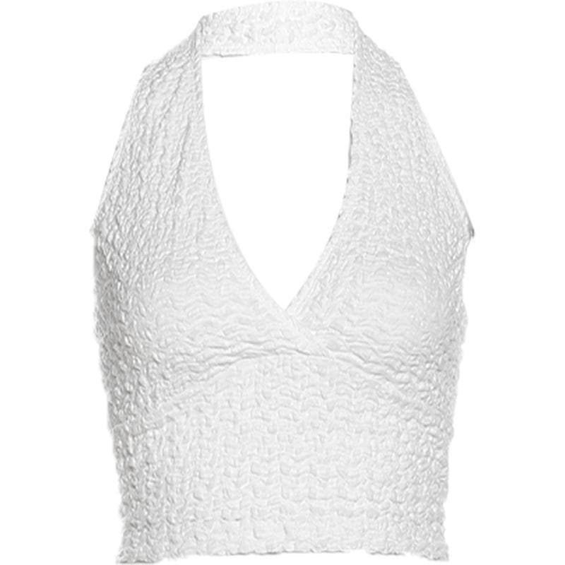 Halter v neck backless textured solid crop top