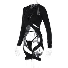 Long sleeve hollow out zip-up irregular solid cut out top